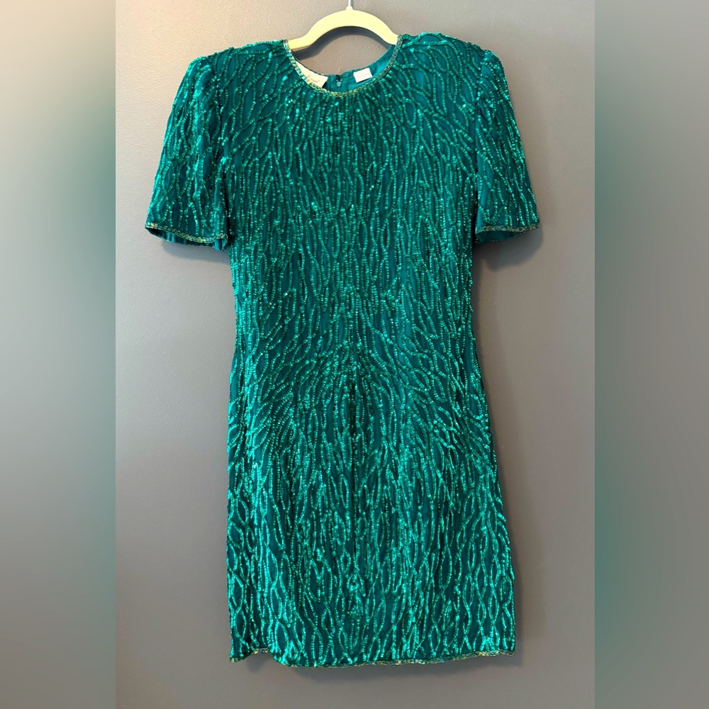 Vintage Lawrence Kazar New York Green Beaded and Sequin Dress. Size Medium.